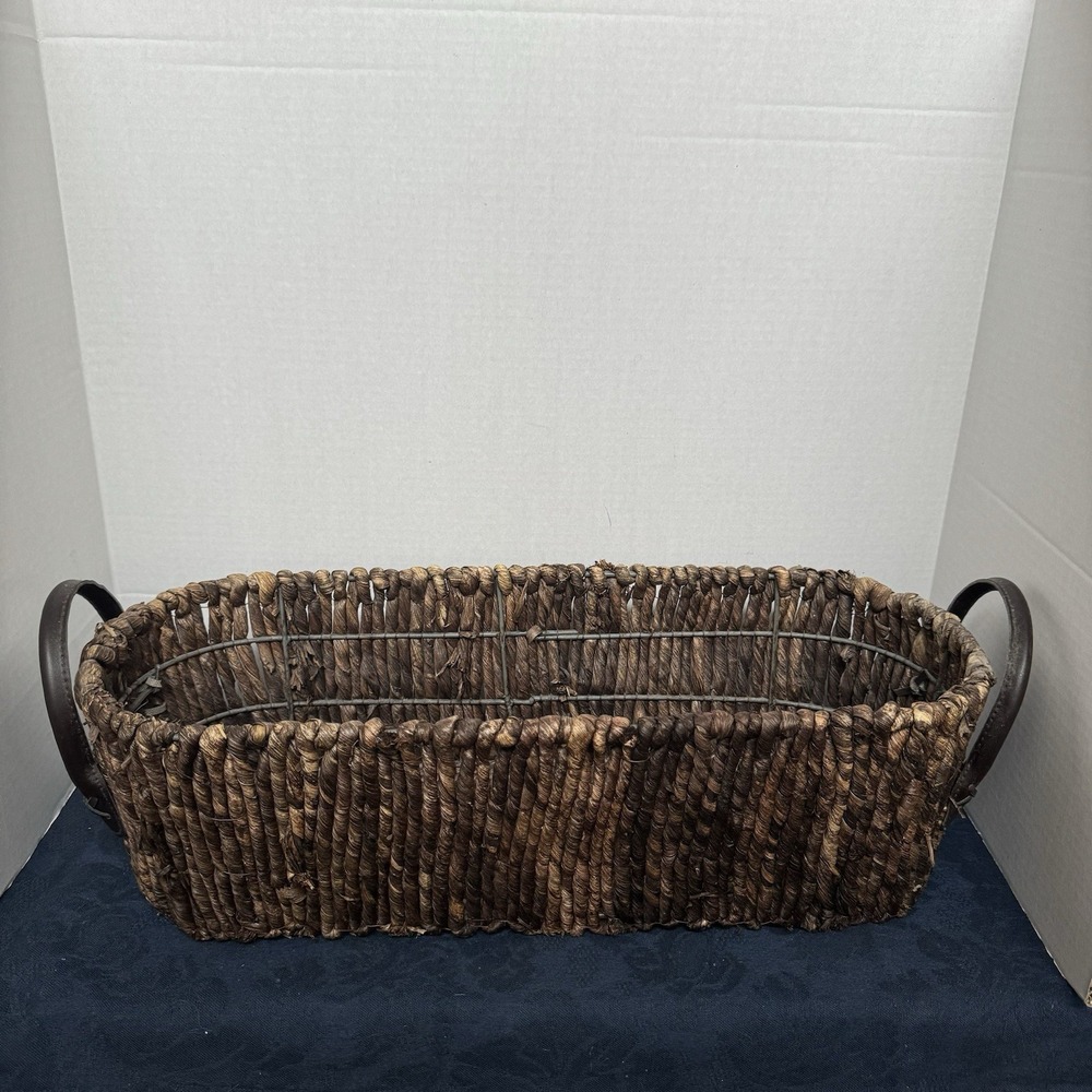 Long Wicker Basket Container Brown Seagrass Leather Handles Metal‎ Frame 19.5"